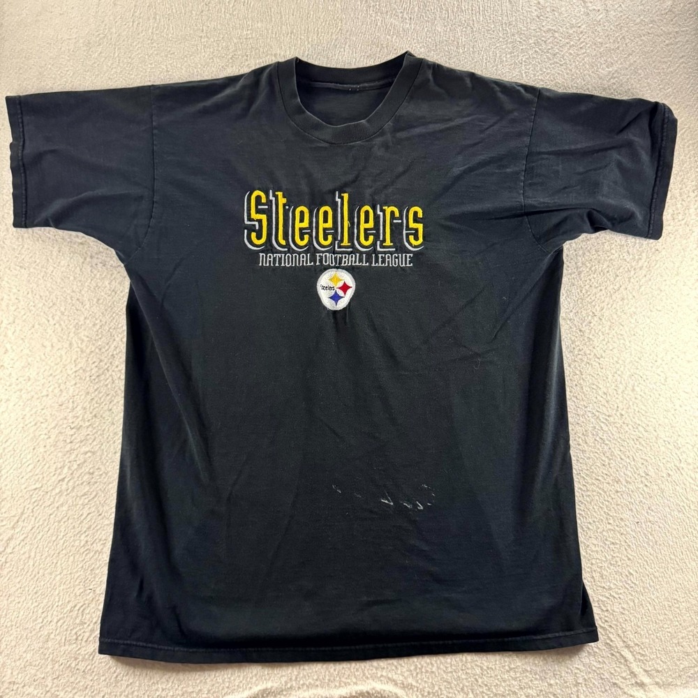 NFL Pittsburgh Steelers T-Shirt Mens Large Black Good Embroidered Logo Vintage